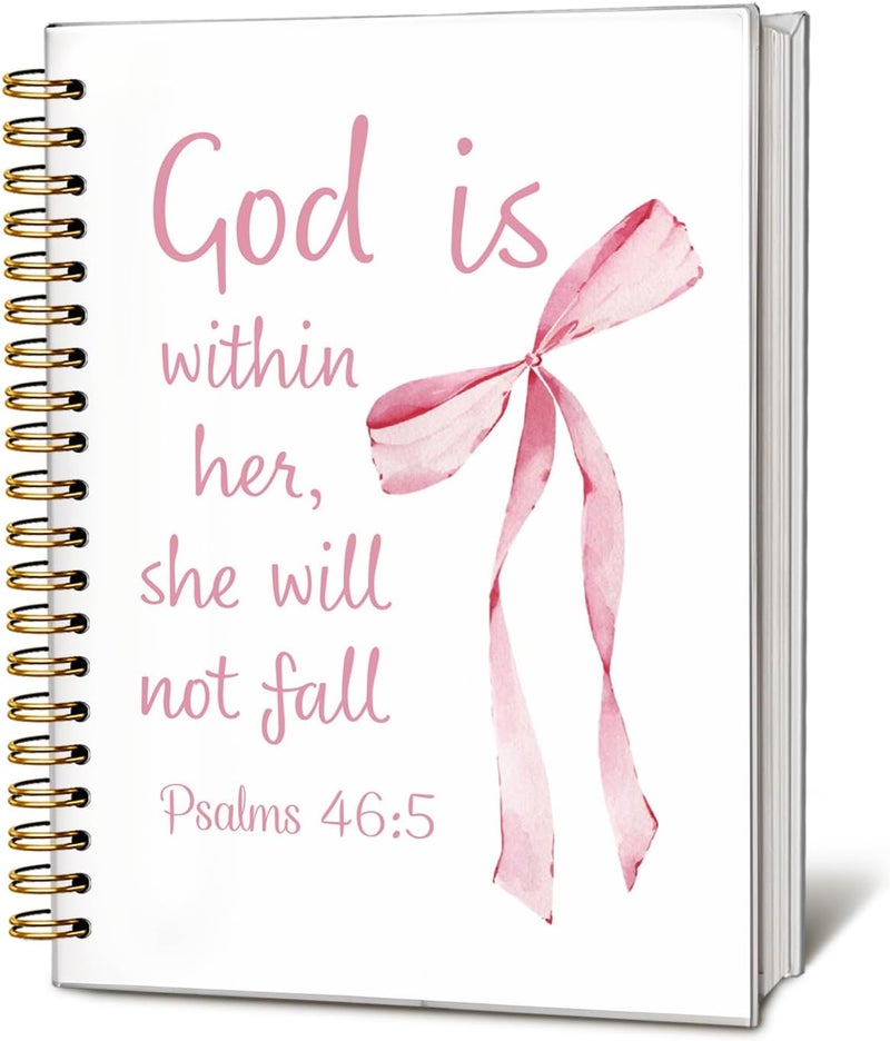 WLIANG Cute Preppy Bible Study Journals for Women, Coquette Pink Bow Spiral Bible Notebook for Note Taking, Cute Preppy School Supplies, God Is Within Her She Will Not Fall 5.5 x 8.3 - Image 1